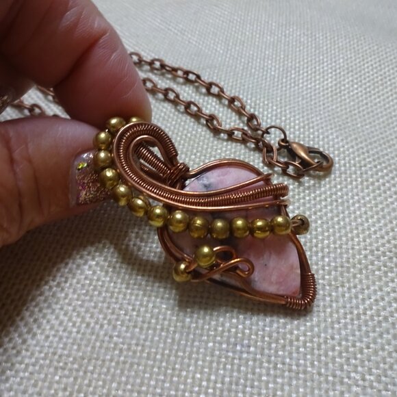 Stunning RHODOCHROSITE Handmade COPPER WIRE-WRAPPED Pendant/Chain #170C - Picture 3 of 3